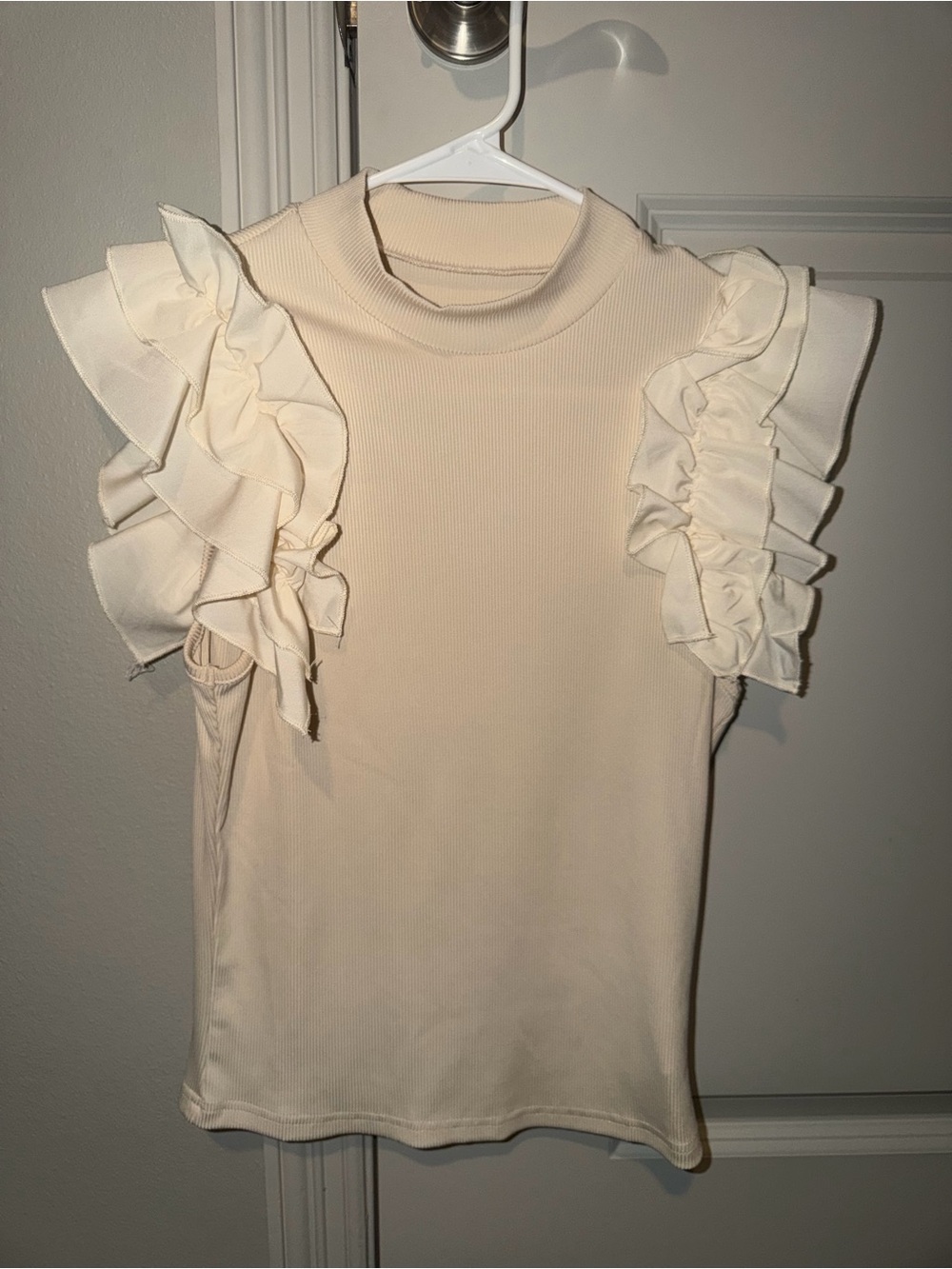 SHEIN Cream Ruffle Mock Neck Sleeveless Tank